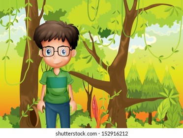 Illustration of a forest with a boy wearing an eyeglass