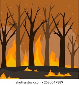 Illustration of the forest burning, forest fire cartoon, deforestation by burning illustration,slash and burn forest illustration 