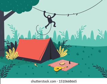 illustration of a forest camp with subtle colors