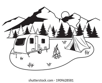 Illustration of forest camping. Touristic camp with tent, bonfire, firewood, campervan, equipment for tourism. Campsite by nature. Design of summer recreation.