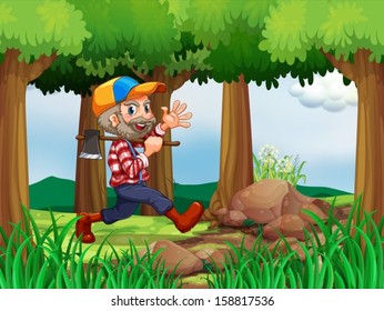 Illustration of a forest with a cheerful woodman