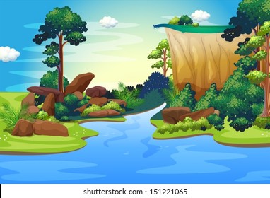 Illustration of a forest with a deep river