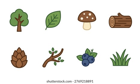 An illustration of forest elements including trees, leaves, mushrooms, and plants.