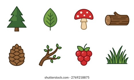 Illustration of forest elements like tree, leaf, mushroom, and berries.