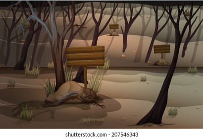 Ilustración de un bosque con carteles vacíos