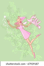 illustration of a forest fairy doing some magic on the background of green ornament