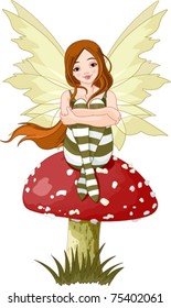 Illustration of forest fairy sitting on mushroom