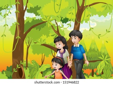 Illustration of a forest with a family