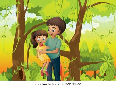 Illustration of a forest with a father carrying his daughter