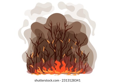  illustration of a forest fire, heavy fire and smoke, burning trees and other plants, fire