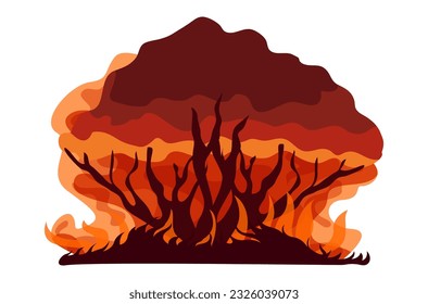 illustration of a forest fire, heavy fire and smoke, burning trees and other plants, fire 