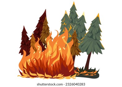 illustration of a forest fire, heavy fire and smoke, burning trees and other plants, fire 