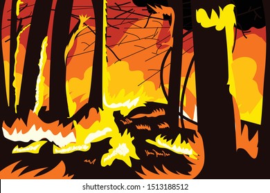 Illustration of forest fire, several hectares of trees burned