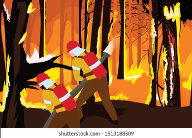 illustration of forest fires and firefighters holding water hose. Forest fire, several hectares of trees burned