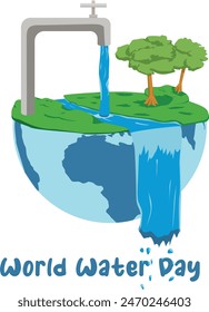 An illustration of a forest with a giant faucet flowing out over the floating earth - World water day