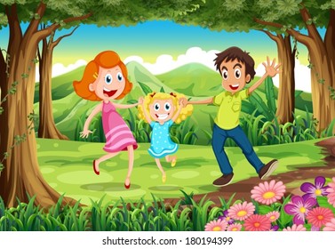 Illustration of a forest with a happy family