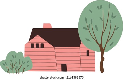 illustration with forest house and trees, vector clipart