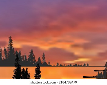 illustration with forest and lake at sunset