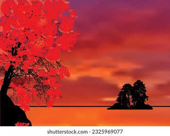 illustration with forest and lake at sunset