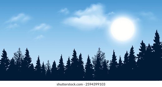 illustration of a forest landscape with silhouettes of coniferous trees in the foreground and a bright sun (or moon) in the sky. The painting has a calm, natural and atmospheric look.