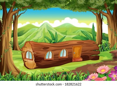 Illustration of a forest with a log house