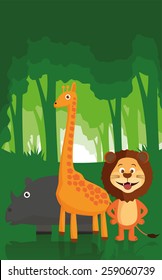 Illustration of a forest with many animals, vector
