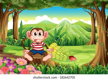 Illustration of a forest with a monkey above the stump