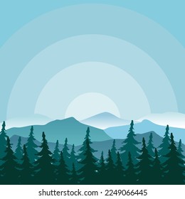 illustration of forest and mountain views in the morning