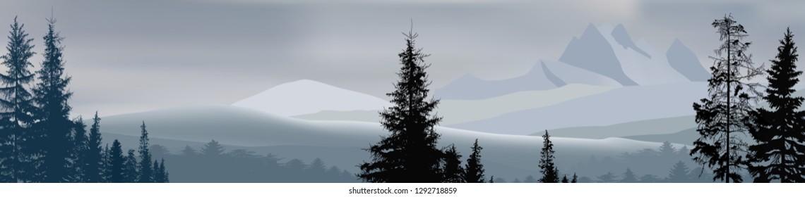 ilustración con bosque en montañas