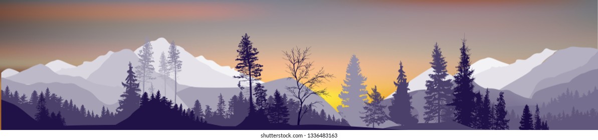 ilustración con bosque en montañas
