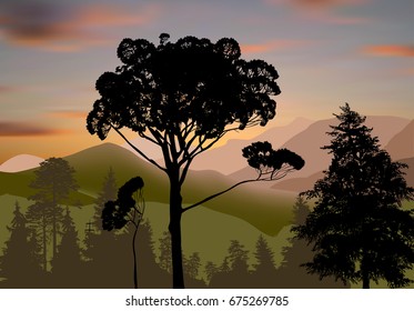 ilustración con bosque en montañas al atardecer
