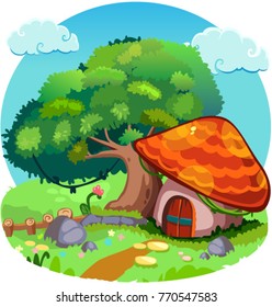 Illustration of a forest with a mushroom house