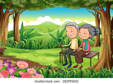 Illustration of a forest with an old couple
