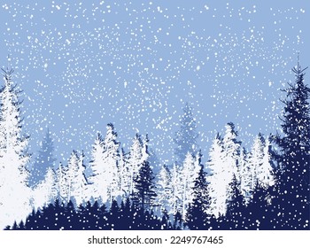illustration with forest on light blue snow background