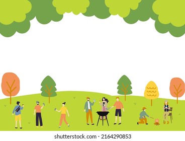 Illustration Of  Forest Park Landscape And People Enjoying BBQ Party