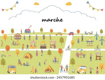 ilustración del paisaje del parque forestal y la gente que disfruta de compras en el mercado