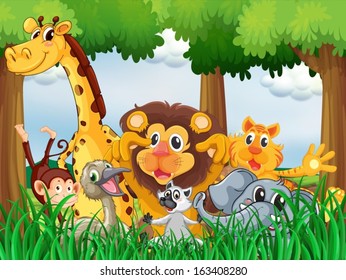 Illustration of a forest with playful animals