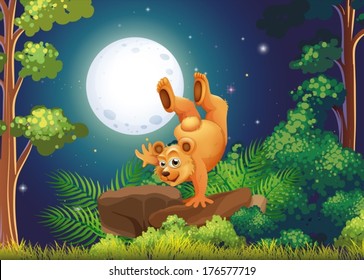 Illustration of a forest with a playful bear above the rocks