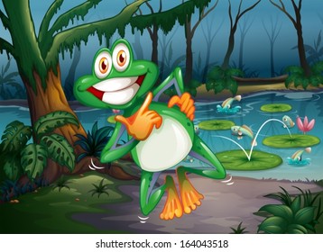 Illustration of a forest with a playful frog and fishes at the pond