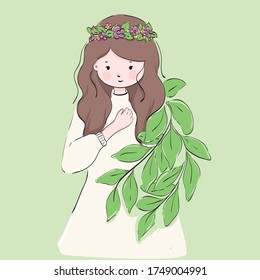 Illustration der Waldprinzessin. süße Waldprinzessin verwendet Blumenkrone auf ihrem Kopf.