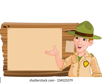 Illustration of a forest ranger or park ranger pointing at a wooden sign svg