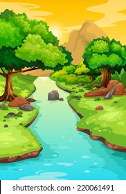 illustration of forest with a river background vector