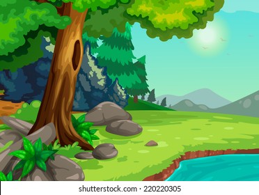 illustration of forest with a river background vector