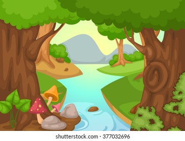 illustration of forest with a river background vector