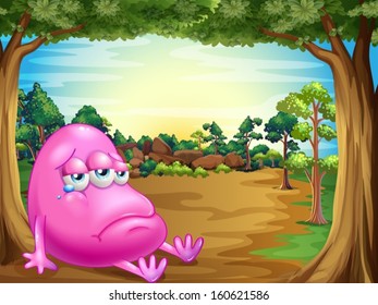Illustration of a forest with a sad fat beanie monster