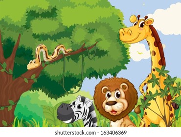 Illustration of a forest with scary wild animals