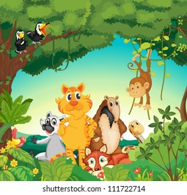 Illustration of a forest scene with different animals