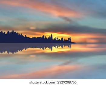 illustration with forest silhouette at sunset near sea