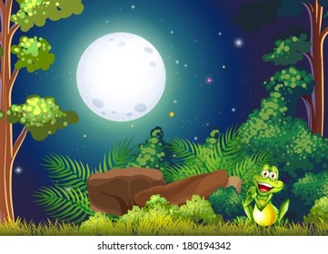 Illustration of a forest with a smiling frog near the rock