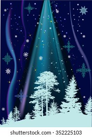 illustration with forest in snow on dark blue background